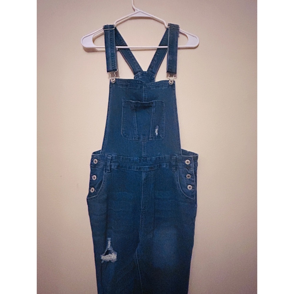 Star Distressed Denim Overalls Women Size Medium Blue Excellent Stretch Bib - Picture 2 of 9
